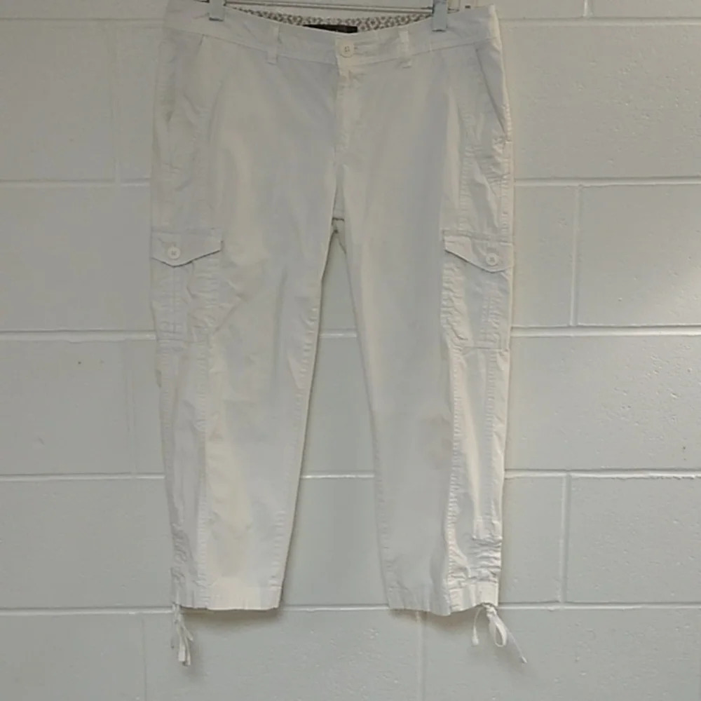 EDDIE BAUER WHITE COTTON STRETCH CARGO CROPPED PANTS DRAWSTRING LEG